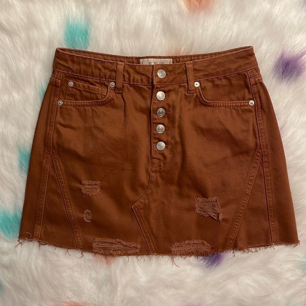 WE The Free Free People Brown Distressed Jean Mini Skirt